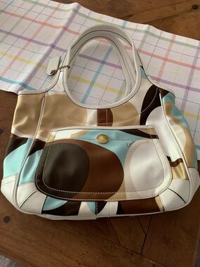 Coach Satin Retro Print Shoulder Bag - White, Brown & Blue